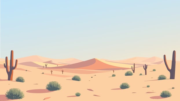 Minimalistic illustration of a desert landscape with scattered cacti and shrubs under a clear sky vector
