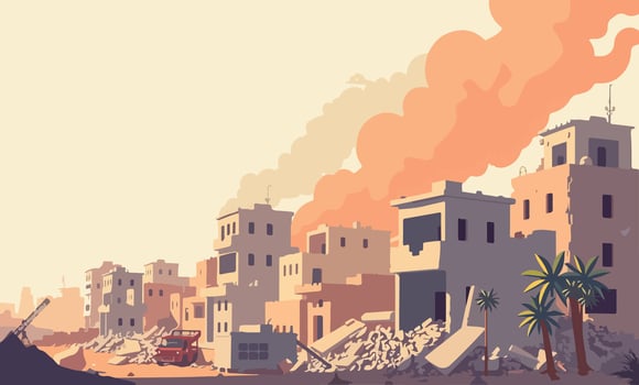 Illustration of a war-torn cityscape with damaged buildings, smoke rising, and rubble in the streets vector