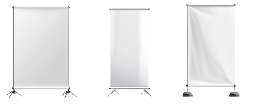 Three blank retractable banner stands display png