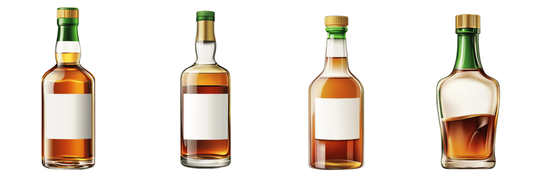 Four amber glass bottles with blank labels stand in a row png