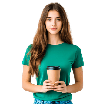 Young Woman Holding Coffee Cup in Green T-Shirt Smiling Joyfully png