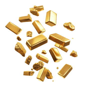 Gold bars and nuggets falling against a black background png