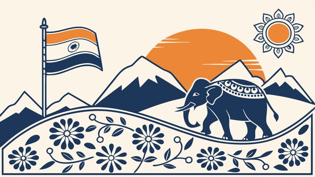 India map silhouette, Indian flag waving, colorful gradient background vector