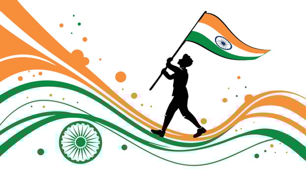 Indian flag, waving tricolor, saffron white green, Taj Mahal silhouette, Independence Day celebration, patriotic, minimalist design vector