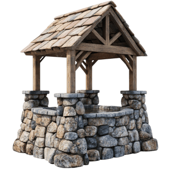 Rustic Stone Well With Wooden Roof Structure. cut out png