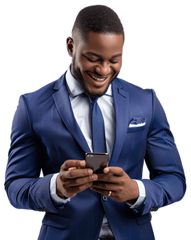 a man in a blue suit is smiling and using his phone png