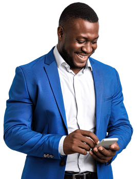 a smiling african man in a blue suit is using his phone png