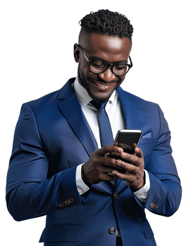 a man in a blue suit and glasses is using his phone png