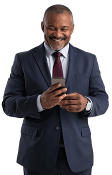 Old business man in suit and tie using mobile phone png