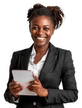 African american woman in a business suit holding a tablet png