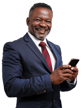an african man in a suit and tie holding a cell phone png