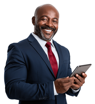 an african american businessman in a suit holding a tablet png