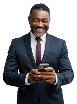 an african american businessman in a suit and tie is smiling and holding his phone png