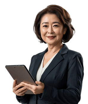 Old asian business woman holding tablet pc png