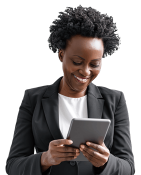 an african american woman in a business suit is using her tablet png