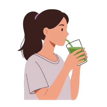 Cartoon girl drinking a green juice, casual and simple, transparent background png
