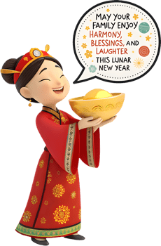 Festive Chinese Girl in Traditional Attire Wishing Happiness. . png