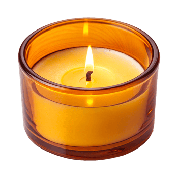 Amber Glass Candle Holder with Glowing Flame and Warm Orange Light png