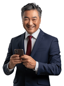 A man in a suit and tie holding a cell phone png