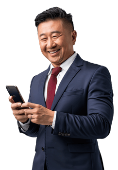 A man in a suit and tie is smiling and holding a cell phone png