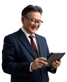 Senior Asian businessman in a suit and tie holding a tablet computer png