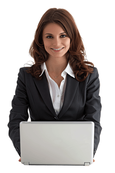 A young woman in a business suit is holding a laptop png