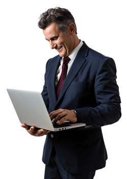 Portrait of businessman in suit holding laptop png