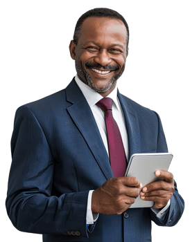 Portrait of african american businessman in a suit holding a tablet png