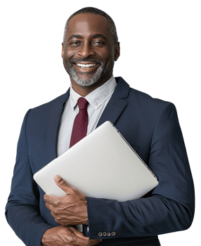 A smiling Senior black businessman holding a laptop png