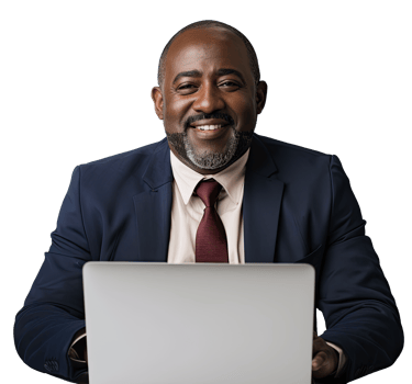 an african american man in a suit and tie is smiling while using a laptop png