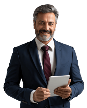 Boss man in a suit holding a tablet computer png