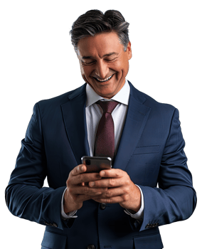 a man in a suit is smiling and holding his phone png