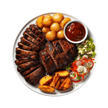 Top view a plate with BBQ Meat, potatoes and vegetables on it png