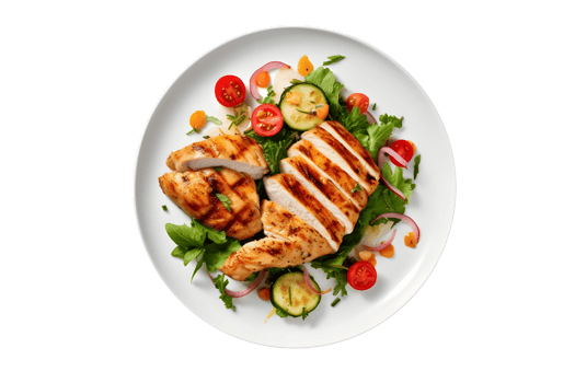 grilled chicken breast with vegetables and salad on a plate png