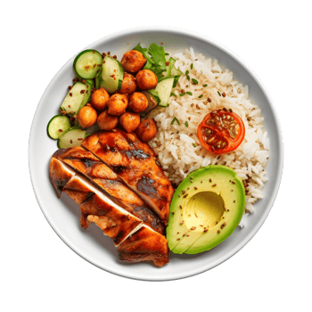 chicken breast with rice, avocado, chickpeas, and cucumber on a white plate png