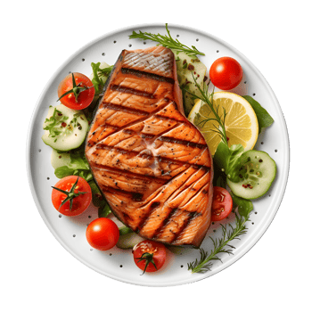 grilled salmon steak with vegetables and lemon on a plate png