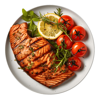 grilled salmon with tomatoes and herbs on a plate png