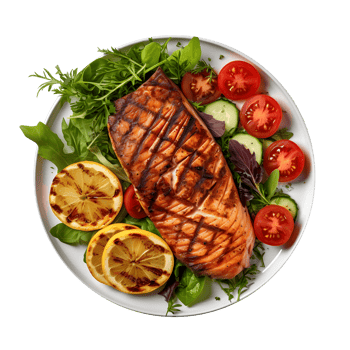 grilled salmon steak with vegetables and lemon on white plate png
