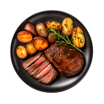 grilled steak, potatoes and rosemary on a black plate png