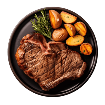 grilled Beef Steak with potatoes and rosemary on a plate png