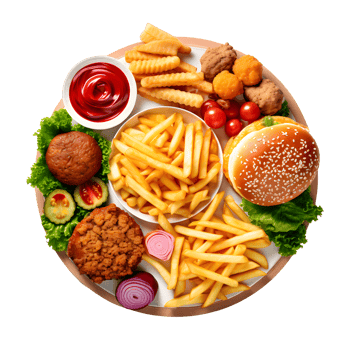fast food hamburger, fries, onion rings, ketchup, lettuce, tomato, ketchup png