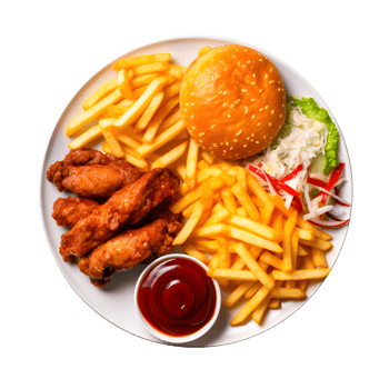 plate with chicken, fries and ketchup on it png