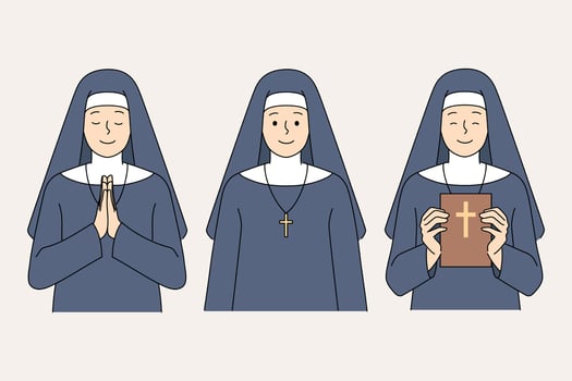 Catholic nun praying and holding bible to read gospel and worship jesus in christian church vector