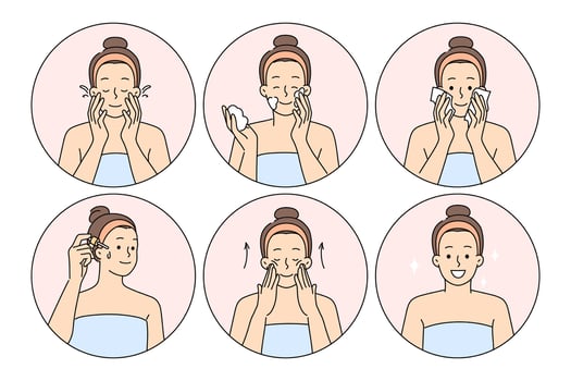 Morning hygiene and cosmetic procedures are used by women to rejuvenate facial skin vector