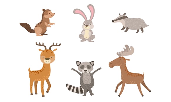 Cute Wild Forest Animals Set, Gopher, Hare, Raccoon, Deer, Elk Badger Illustration vector