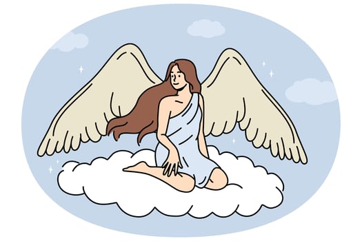Woman angel with large wings sits on flying cloud in heaven, symbolizing innocence and purity vector