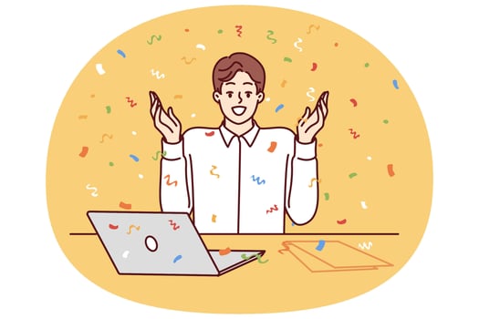Happy man office worker with laptop raises hands up as sign of success and sits among confetti vector