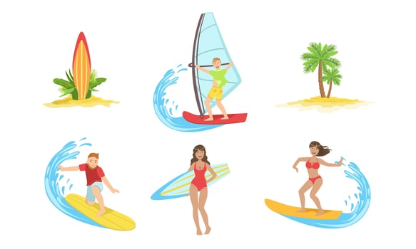 Summertime Sports Activities and Hobbies Set, Girl Relaxing on Summer Vacation, Yachting and Surfing Illustration vector