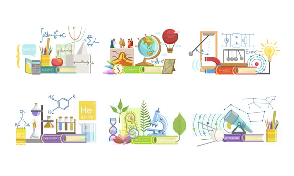 School Subjects Set, Math, Geography, Physics, Chemistry, Biology, Astronomy, Illustration vector