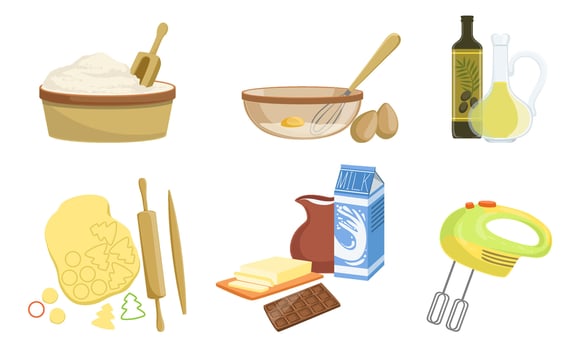 Kitchen Tools And Utensils Set, Baking Ingredients, Bakery Elements Illustration vector